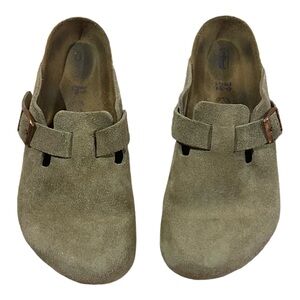 Birkenstock Boston Suede Leather Soft Bed Narrow Clogs Mules Sz 39 Taupe Thyme
